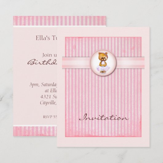 Ballet Beer  Roze Snoep Birthday Uitnodiging (Voorkant / Achterkant)