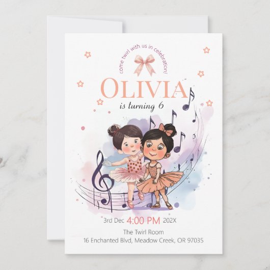 Ballet Birthday Invite – Twirl Party Theme Kaart (Voorkant)
