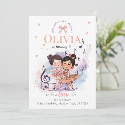 Ballet Birthday Invite – Twirl Party Theme Kaart (Staand voorkant)