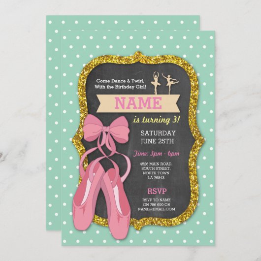 Ballet Birthday Party Tutu Ballerina Girls Invite Kaart (Voorkant / Achterkant)