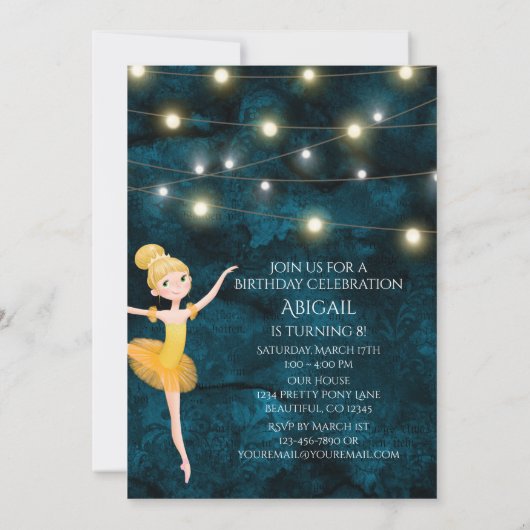 Ballet Blue en Geel blond Ballerina Birthday Kaart (Achterkant)