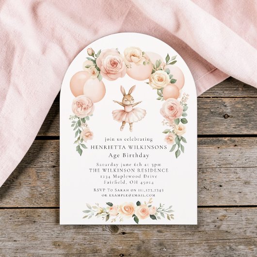 Ballet Bunny Peach Floral Arch Birthday Kaart