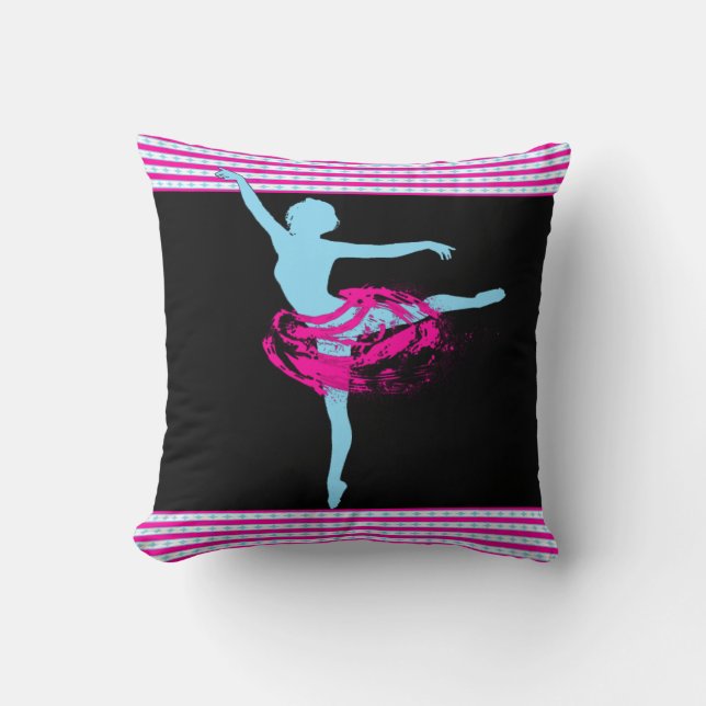 Ballet Dancer Roze en Turquoise Op Zwart Kussen (Voorkant)