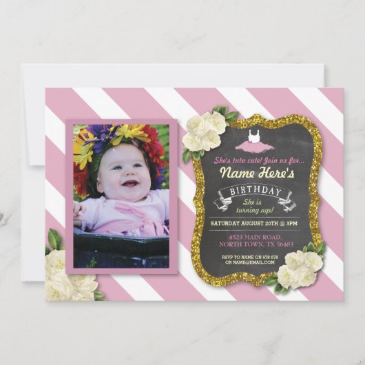 Ballet Dancer Tutu Cute Pink Party Birthday Invite Kaart (Voorkant)