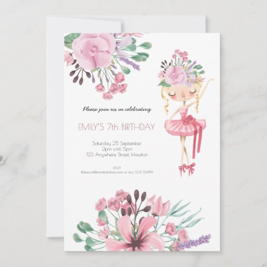 Ballet Danser Florals Meisje 7e Verjaardagsfeest Kaart (Voorkant)
