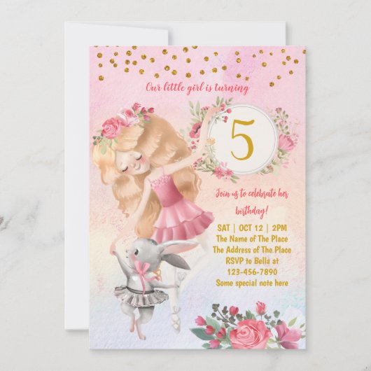Ballet Girl en Bunny Birthday Party Invitation Kaart (Voorkant)