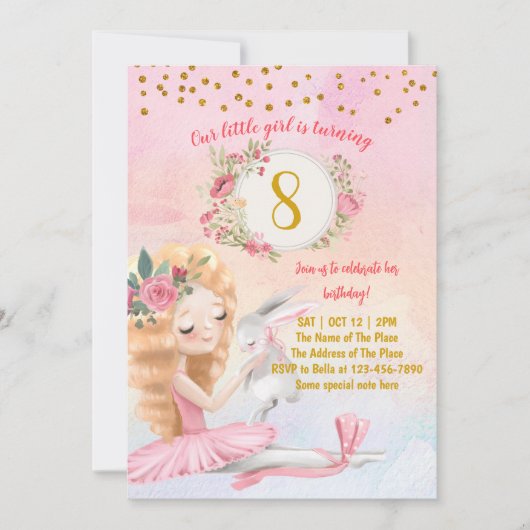 Ballet Girl en Bunny Birthday Party Invitation Kaart (Voorkant)