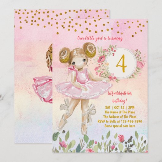 Ballet Girl Pink Birthday Party Kaart (Voorkant / Achterkant)