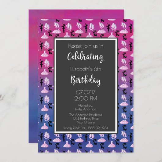 Ballet Pattern op roze en Paarse verjaardagsfeestj Kaart (Voorkant / Achterkant)