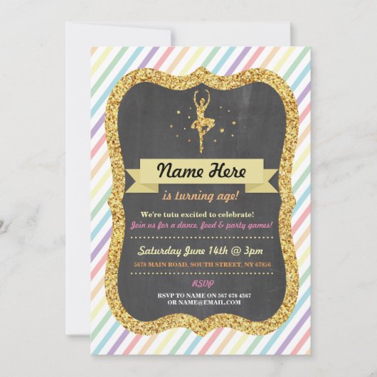 Ballet Rainbow Pink Gold Glitter Birthday Invite Kaart (Voorkant)
