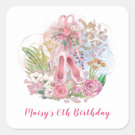 Ballet Schoenen Bloemen Roze Meisje 6e Verjaardag Vierkante Sticker