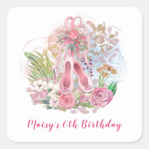 Ballet Schoenen Bloemen Roze Meisje 6e Verjaardag Vierkante Sticker