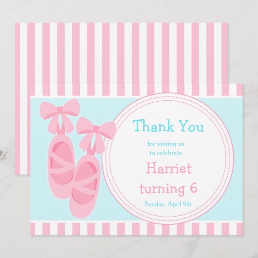 Ballet Slippers Ballerina Birthday Party Bedankkaart (Voorkant / Achterkant)