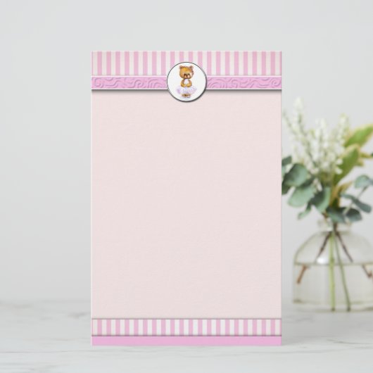 Ballet Teddy Bear Pink Snoep Stripe Letterhead A4 Briefpapier (Staand voorkant)