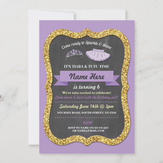 Ballet Tiara Tutu Paars Glitter Birthday Invite Kaart (Voorkant)