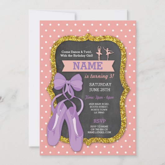 Ballet Verjaardagsfeest Ballerina Glitter Uitnodig Kaart (Voorkant)