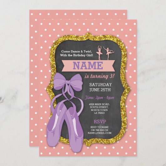 Ballet Verjaardagsfeest Ballerina Glitter Uitnodig Kaart (Voorkant / Achterkant)