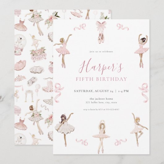 Balletdanseres Ballerina Verjaardagsfeestje Uitnod Kaart (Voorkant / Achterkant)