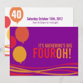 Ballon 40th FOUROH! Fotoverjaardagsuitnodiging Kaart (Voorkant / Achterkant)