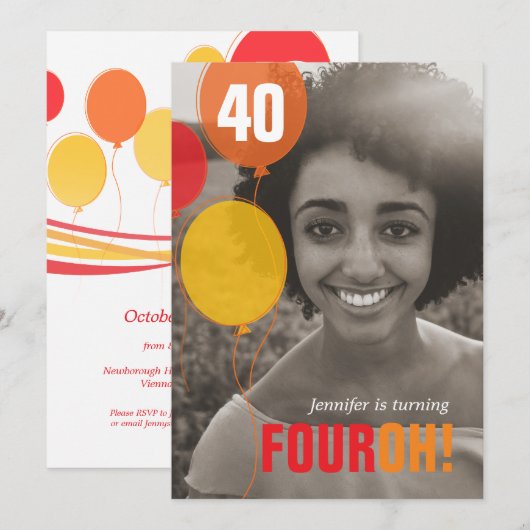 Ballon 40th FOUROH! Uitnodigingen voor fotoverjaar (Voorkant / Achterkant)
