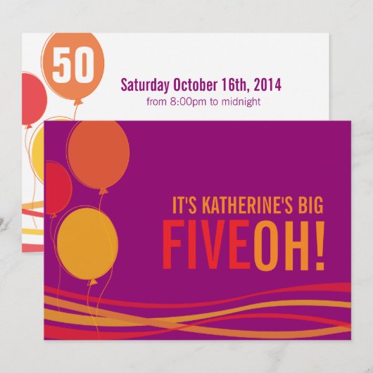 Ballon 50th FIVEOH! Fotoverjaardagsuitnodiging Kaart (Voorkant / Achterkant)