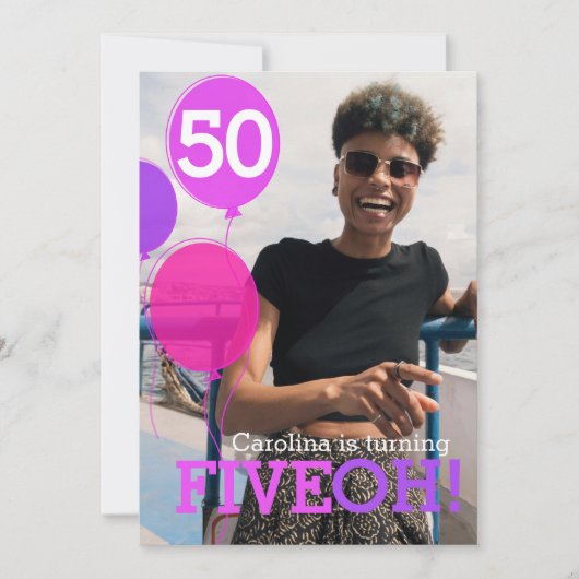 Ballon 50th FIVEOH! Fotoverjaardagsuitnodiging Kaart (Voorkant)