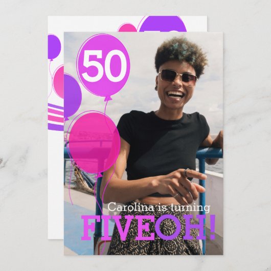 Ballon 50th FIVEOH! Fotoverjaardagsuitnodiging Kaart (Voorkant / Achterkant)