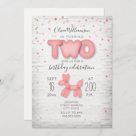 Ballon Animal Brick Confetti Pink 2e verjaardag Kaart (Voorkant / Achterkant)