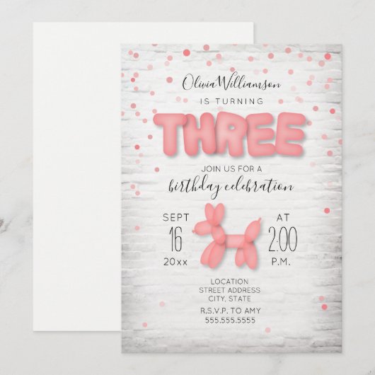 Ballon Animal Brick Confetti Pink 3rd Birthday Kaart (Voorkant / Achterkant)