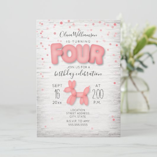 Ballon Animal Brick Confetti Pink 4e verjaardag Kaart (Staand voorkant)