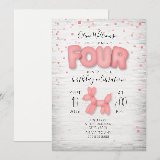 Ballon Animal Brick Confetti Pink 4e verjaardag Kaart (Voorkant / Achterkant)