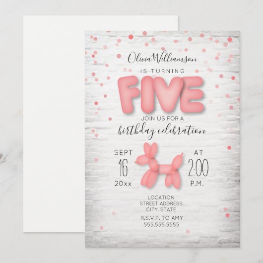 Ballon Animal Brick Confetti Pink 5th Birthday Kaart (Voorkant / Achterkant)