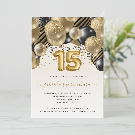 Ballon Arch Black Gold Quinceañera Kaart (Staand voorkant)