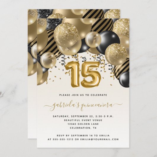 Ballon Arch Black Gold Quinceañera Kaart (Voorkant / Achterkant)