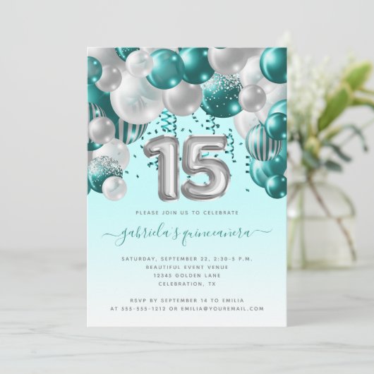 Ballon Arch Blauwgroen Silver Quinceañera Kaart (Staand voorkant)