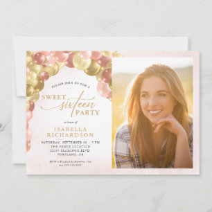 Ballon Arch Pink & Gold Photo Sweet 16 Party Kaart