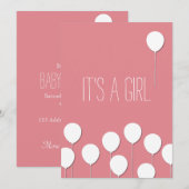 Ballon Baby Girl Uitnodiging (Voorkant / Achterkant)