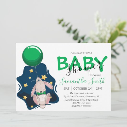 Ballon Baby shower Rabbit Invitation Aankondiging (Staand voorkant)