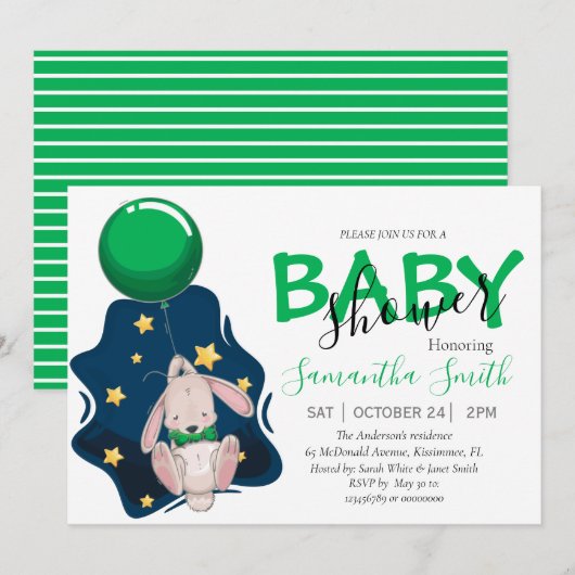 Ballon Baby shower Rabbit Invitation Aankondiging (Voorkant / Achterkant)