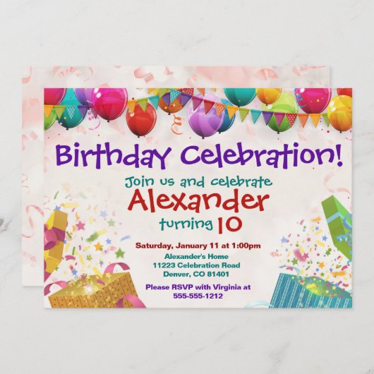 Ballon Birthday Invitation Flat Card Kaart (Voorkant / Achterkant)