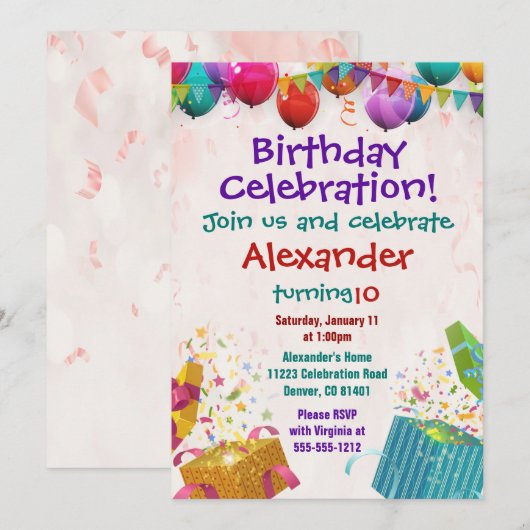 Ballon Birthday Invitation Flat Card Kaart (Voorkant / Achterkant)