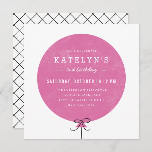 Ballon Birthday Invitation - Fuchsia Kaart (Voorkant / Achterkant)