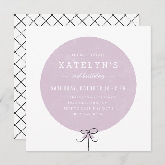 Ballon Birthday Invitation - Lavender Kaart (Voorkant / Achterkant)