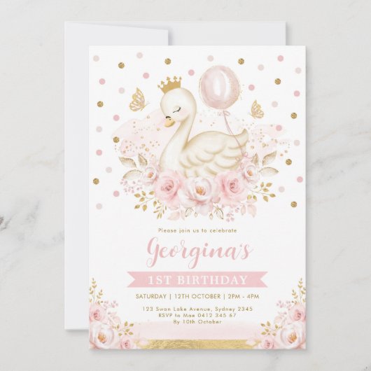 Ballon Birthday Party Pink Gold Swan Princess Kaart (Voorkant)