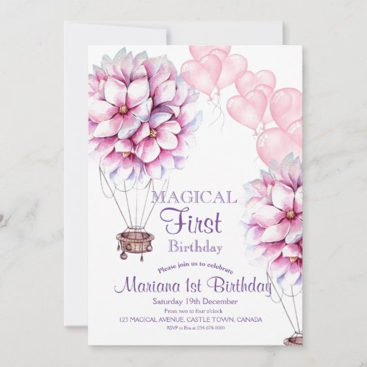 Ballon Bloemen Meisjesachtige 1e Verjaardag Kinder Kaart (Voorkant)