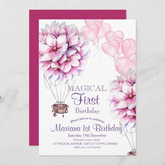 Ballon Bloemen Meisjesachtige 1e Verjaardag Kinder Kaart (Voorkant / Achterkant)