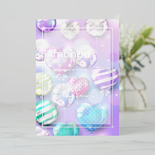 Ballon Bokeh Verjaardagsfeestje Folie Uitnodiging (Staand Voorkant)