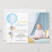 Ballon Boy Foto First Birthday Invitation Bedankkaart (Voorkant)