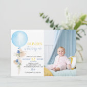 Ballon Boy Foto First Birthday Invitation Bedankkaart (Staand voorkant)