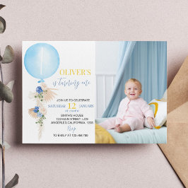 Ballon Boy Foto First Birthday Invitation Bedankkaart